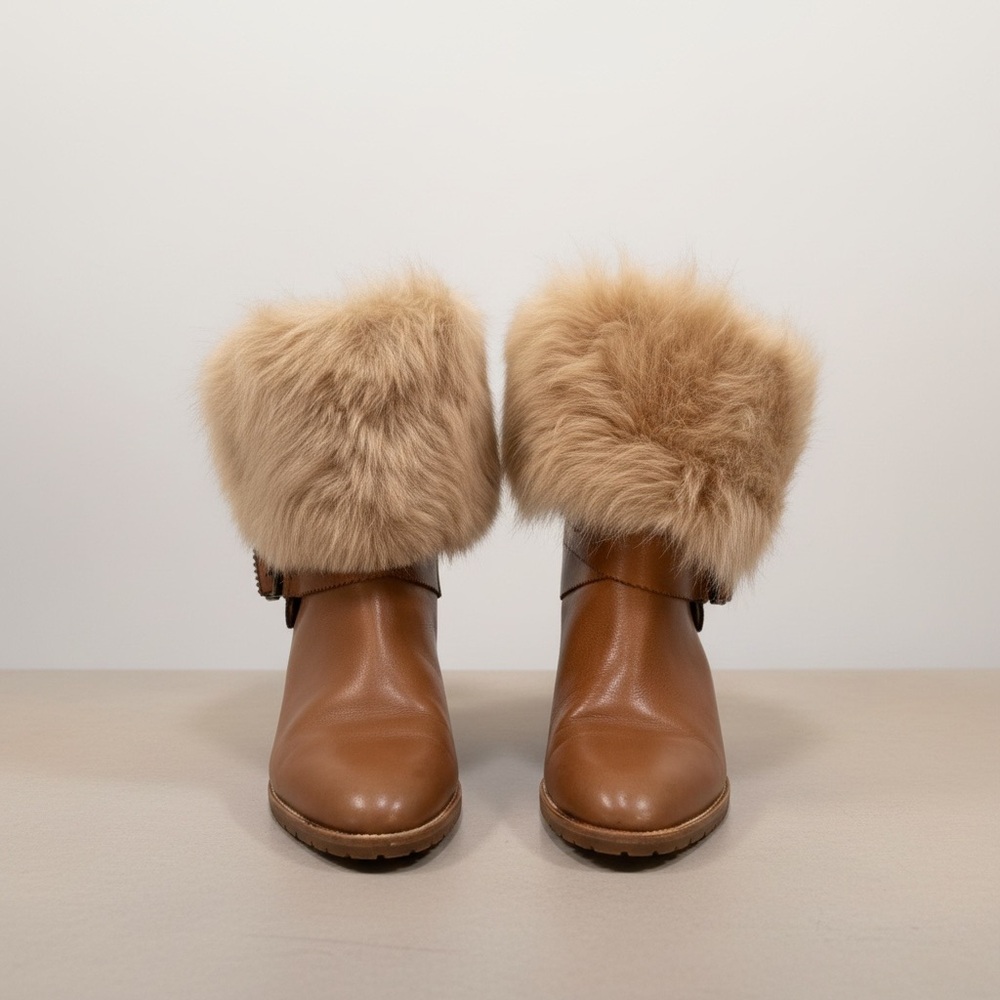 Luxury Vintage Italian Leather Fur Trim Boots Brown Size 38.5 Made in Italy